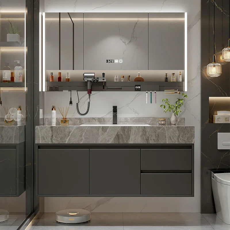 meuble salle bain gris marbre armoire miroir mural moderne étagère bois massif