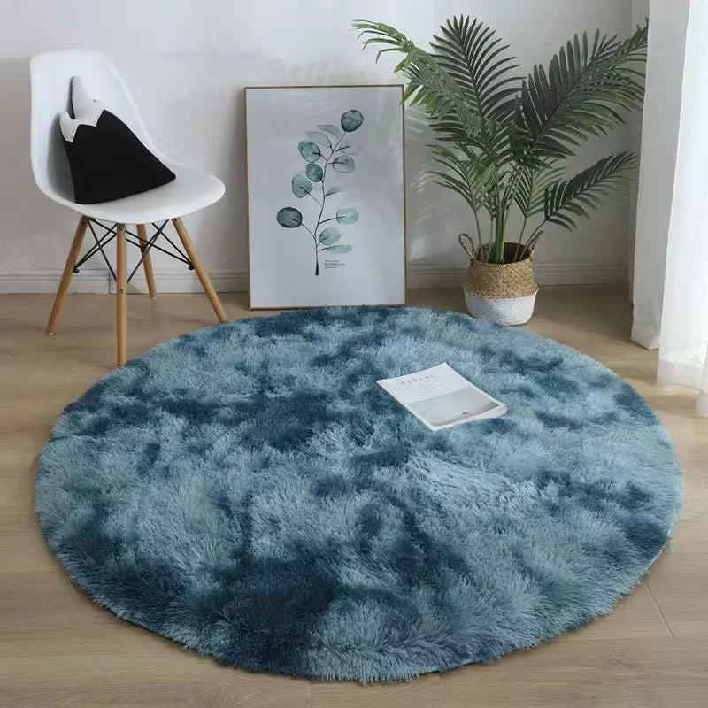 tapis rond peluche doux moderne confortable intérieur salon chambre décoration maison bleu blanc beige