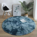 tapis rond peluche doux moderne confortable intérieur salon chambre décoration maison bleu blanc beige