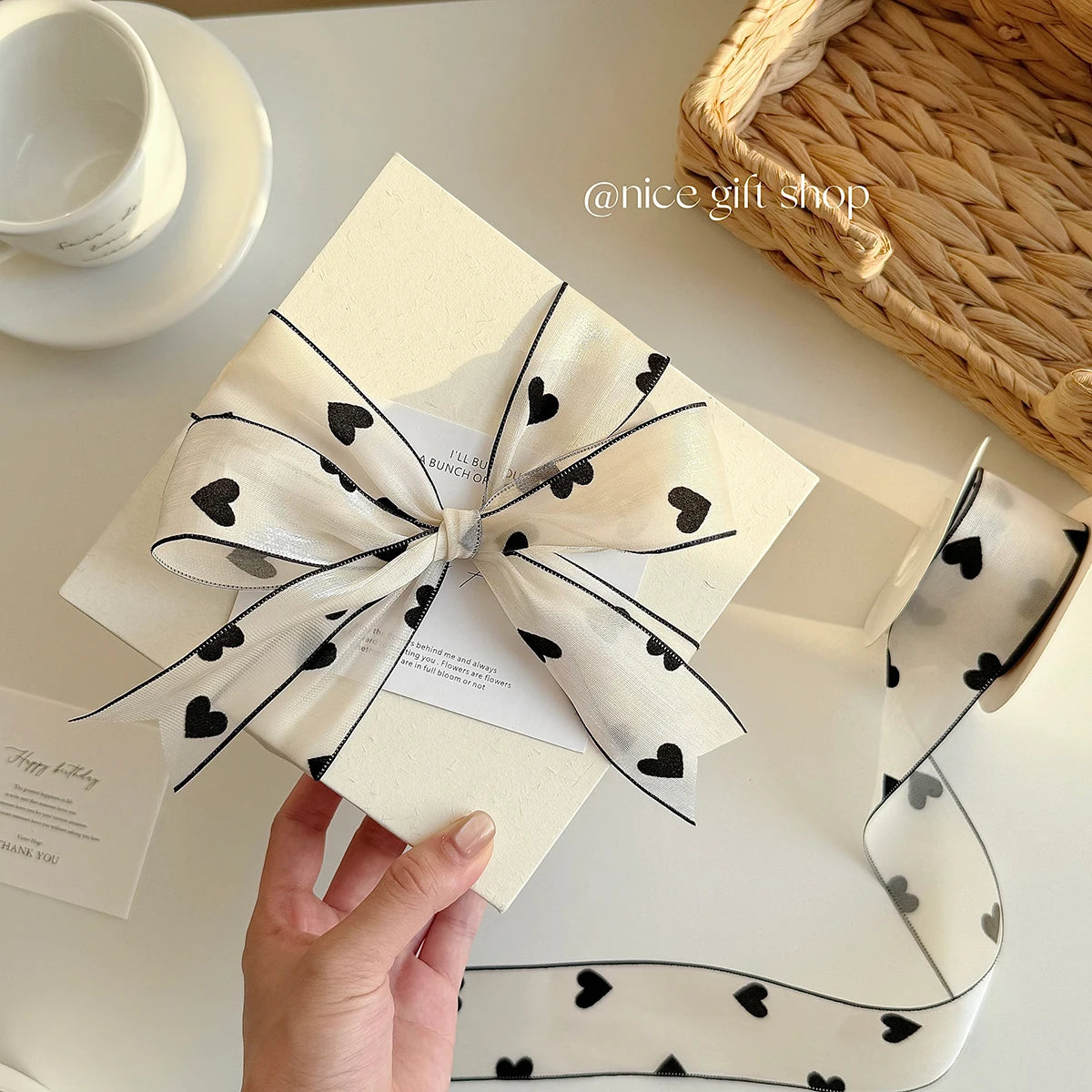 ruban blanc motif cœurs noirs décoration emballage cadeaux bricolage accessoire cheveux transparent largeur 4cm