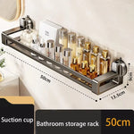 étagère salle bain argentée suction cup moderne minimaliste rangement bouteilles cosmétiques serviettes accessoires