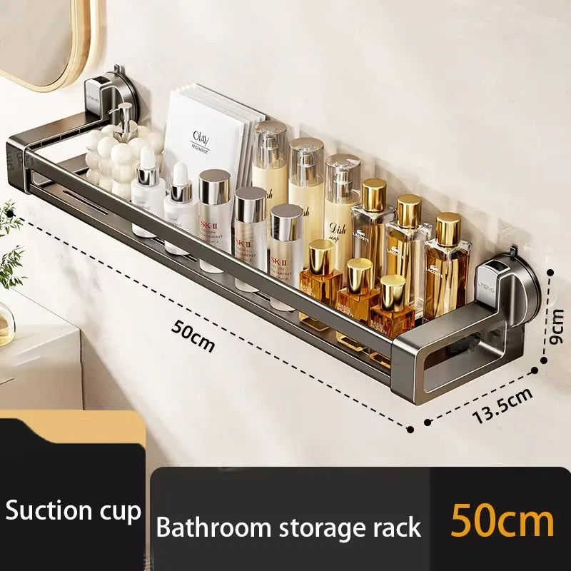 étagère salle bain argentée suction cup moderne minimaliste rangement bouteilles cosmétiques serviettes accessoires