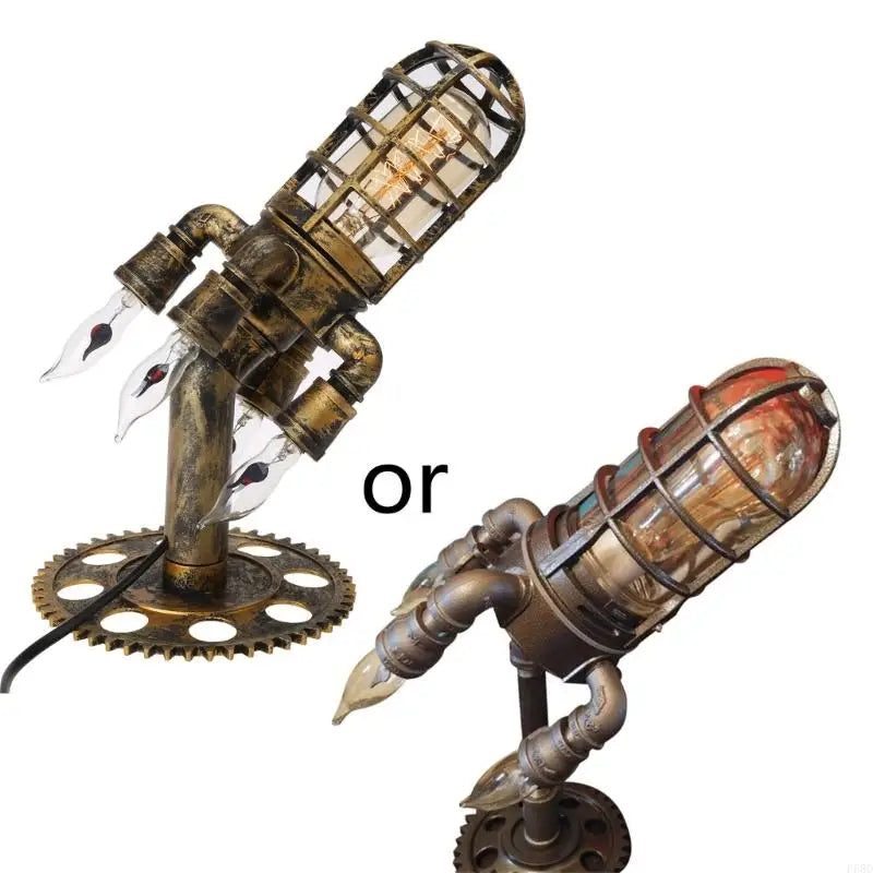 lampe table steampunk marron noir doré verre translucide motifs industriels pied métallique ampoules filament