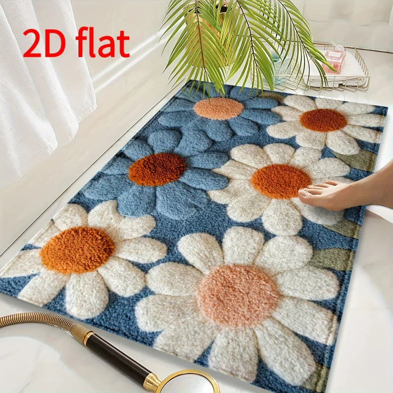 tapis moderne fleurs bleu blanc orange non glissant salon salle bain machine lavable