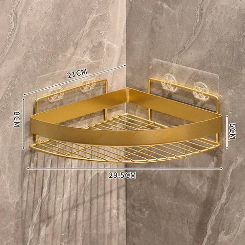 étagère salle bain dorée grille métal moderne fixée suction rangement produits toilette crochet