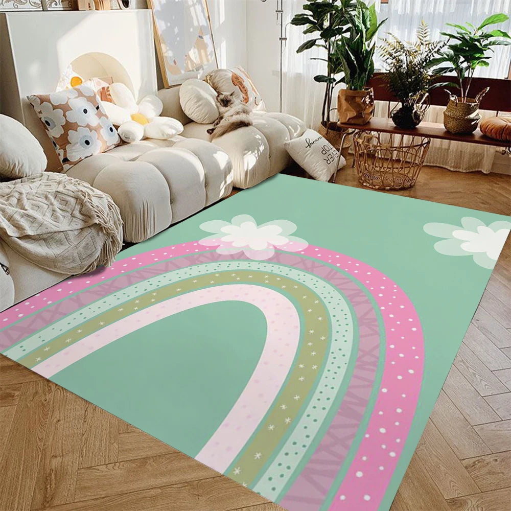 tapis sol moderne motif arc ciel beige rose doré chambre maison décoratif lavable