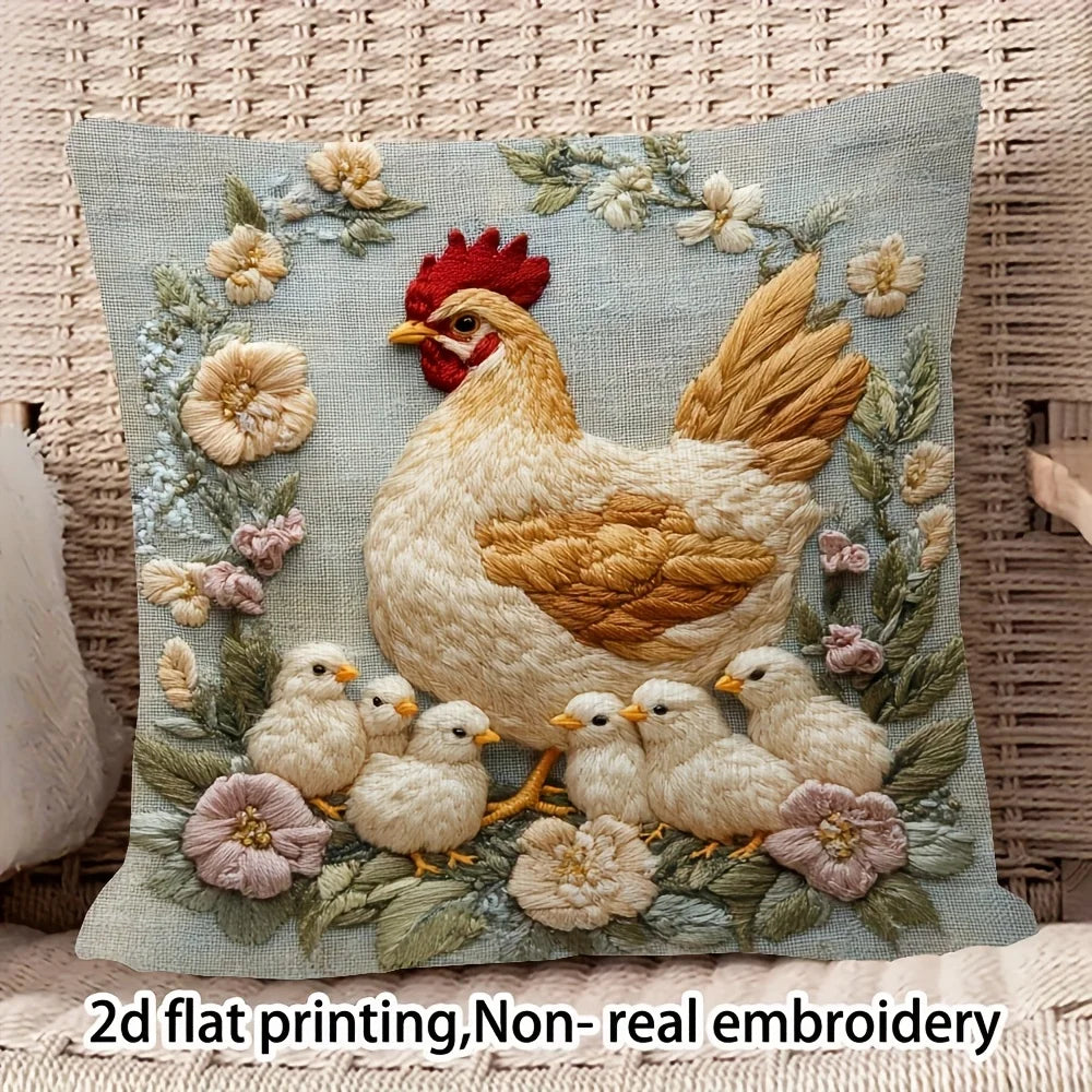 housse coussin carré motif coq poussins fleurs bleu polyester traditionnelle décoration maison canapé lit