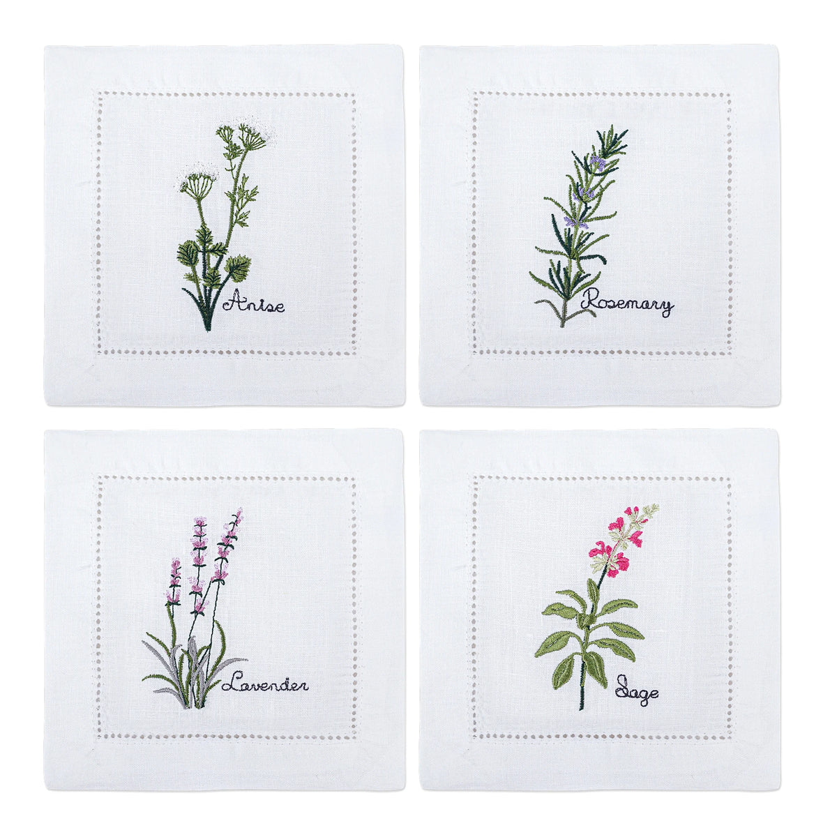 serviette cuisine lin blanc brodée motifs plantes aromatiques naturelle table élégante
