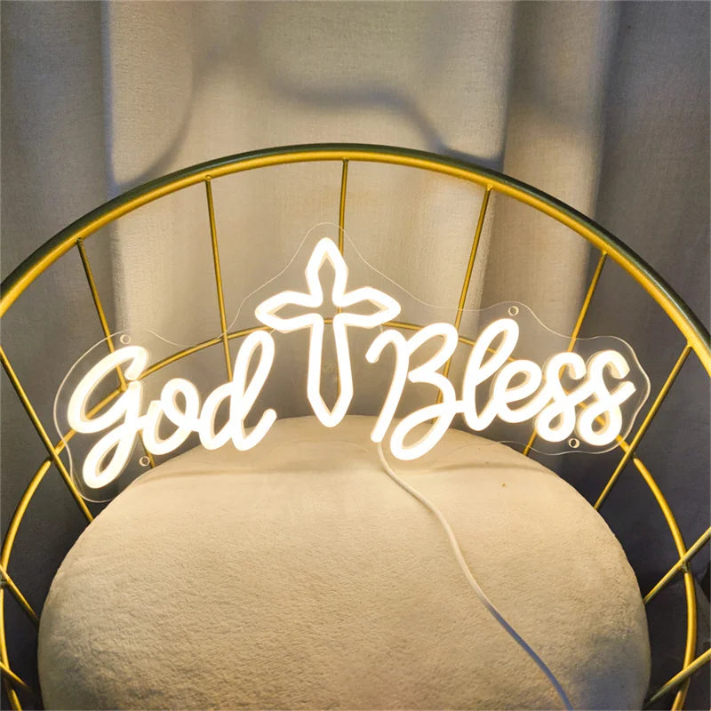 décoration lumineuse god bless sign neon blanc moderne religieux chambre coucher