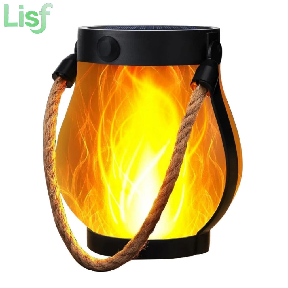 lanterne solaire rechargeable led modes nuit flamme vacillante moderne rustique corde orange jaune