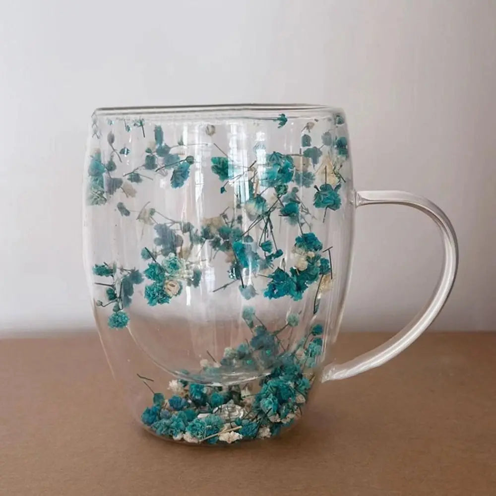 tasse verre double paroi fleurs séchées rose bleu moderne 350ml transparent