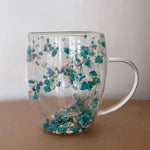 tasse verre double paroi fleurs séchées rose bleu moderne 350ml transparent
