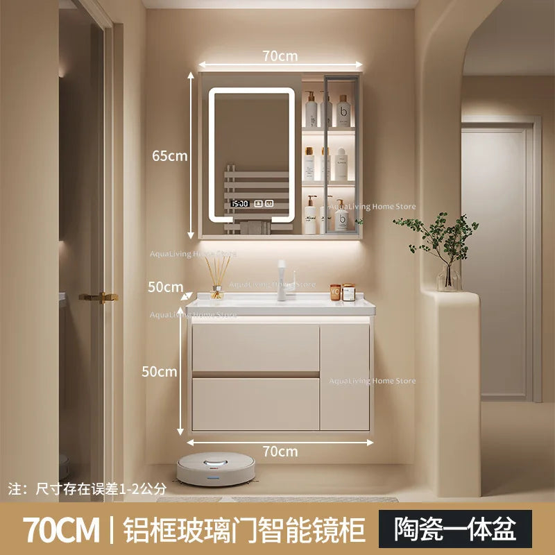meuble salle bain moderne évier tiroirs beige clair miroir lumineux tapis motifs cosmétiques dorés