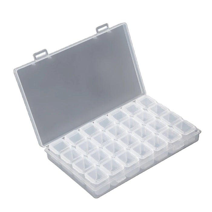 Boîte de rangement plastique transparent 28 compartiments vue de face