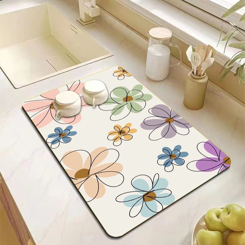 tapis cuisine gris motif floral moderne caoutchouc absorbant imperméable antidérapant vaisselle séchage