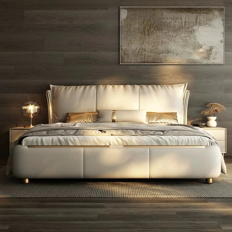 lit double coffre intégré moderne minimaliste tissu mat bois texturé touches dorées pieds métal