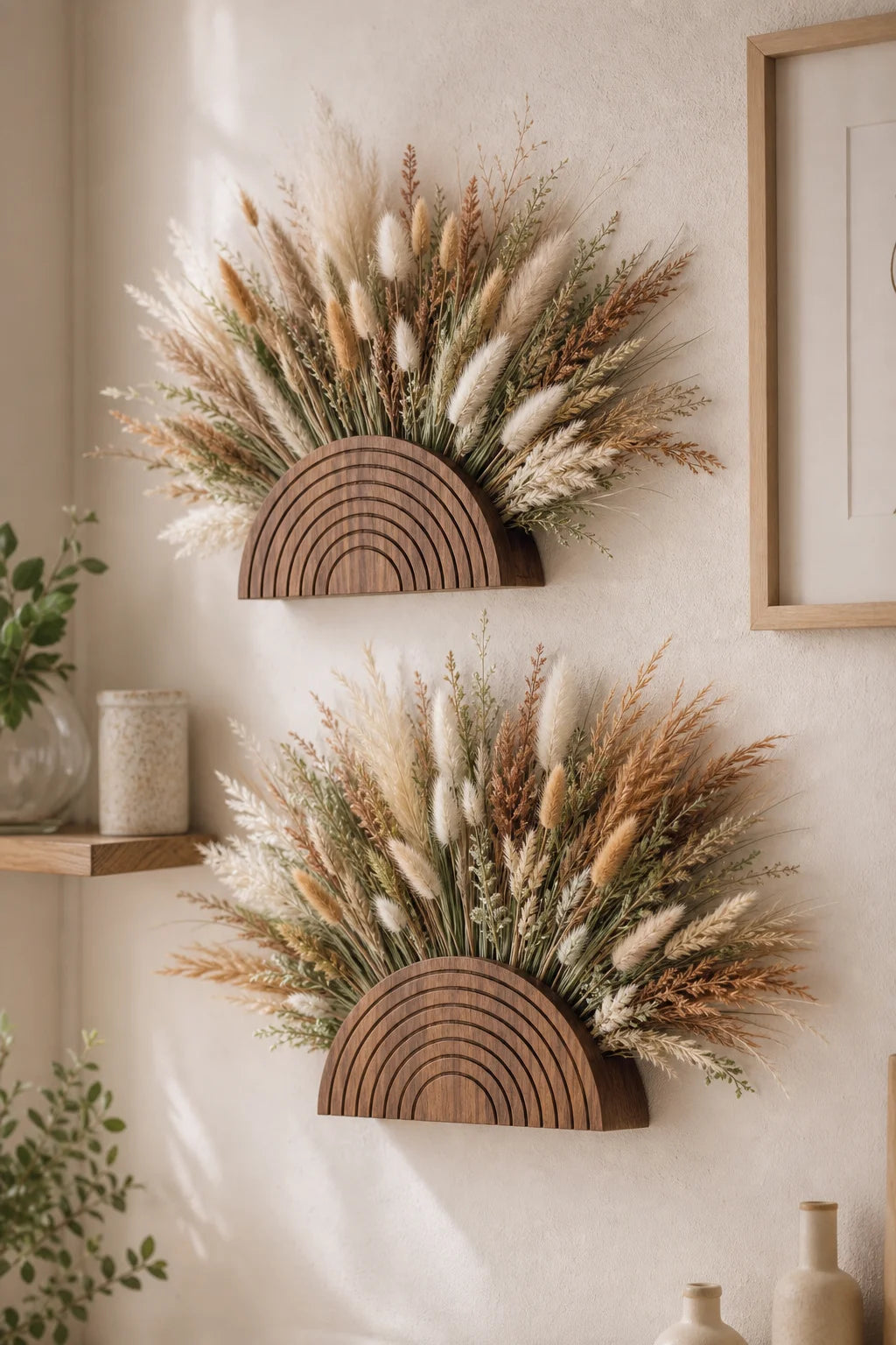 support mural bois rond fleurs séchées moderne rustique naturel concentrique lignes decoration intérieur