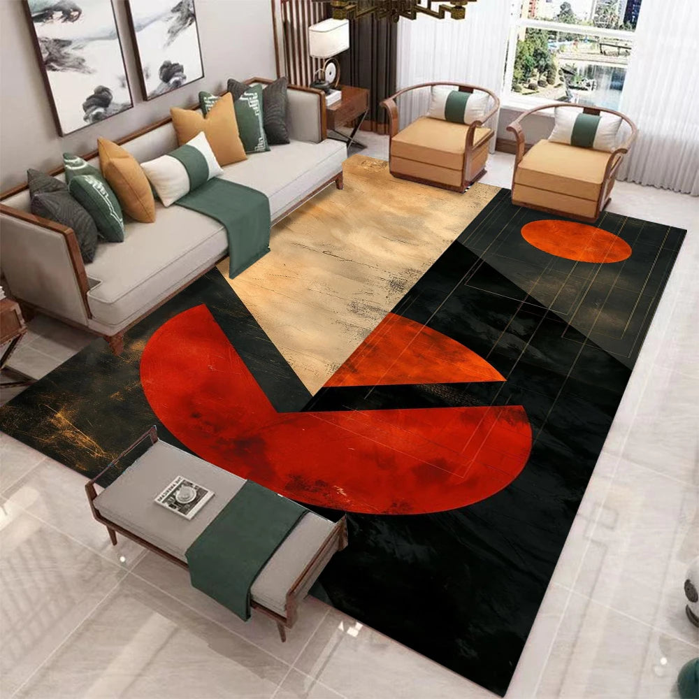 tapis abstrait géométrique moderne orange rouge noir gris vert contemporain minimaliste salon chambre