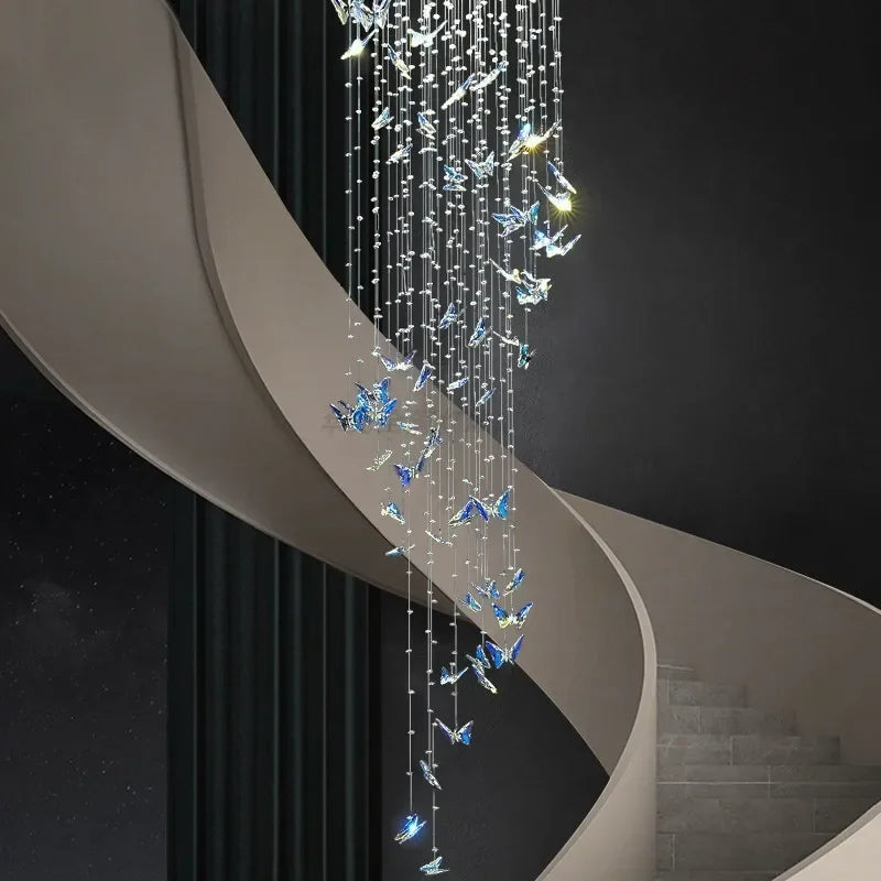 suspension lumineuse moderne papillons cristal bleu transparent élégante lumière chaînes haute qualité