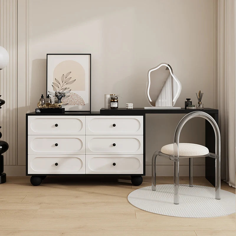 coiffeuse miroir blanc minimaliste moderne commode tiroirs noirs chambre meuble maquillage