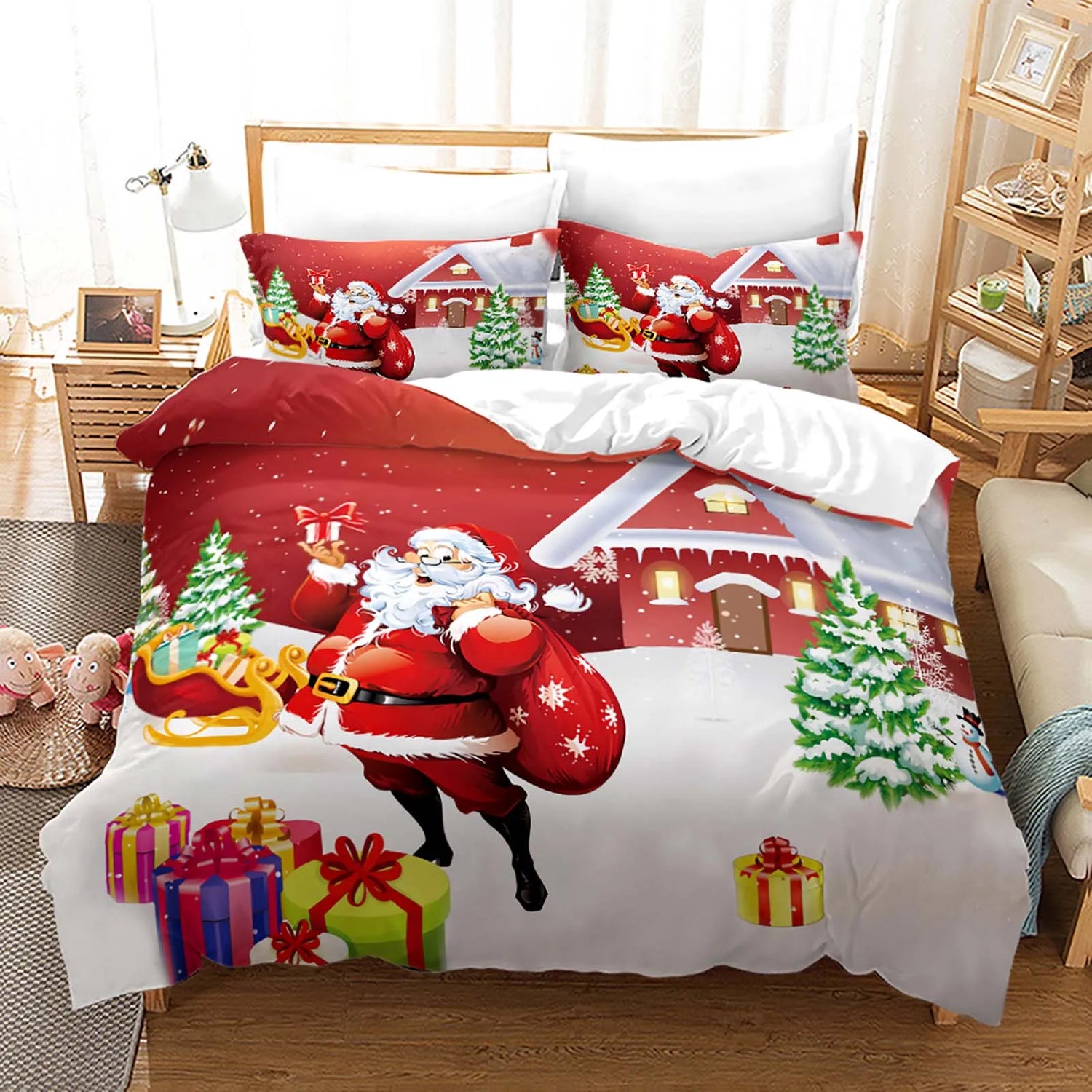 Détail de l'impression 3D Père Noël sur la housse de couette microfibre