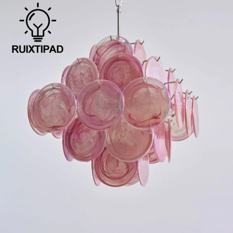 suspension lumineuse moderne rose verte verre transparent chaîne métallique 65cm 65cm
