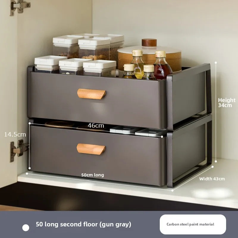 meuble tiroirs cuisine gris blanc poignées bois rangement sous évier