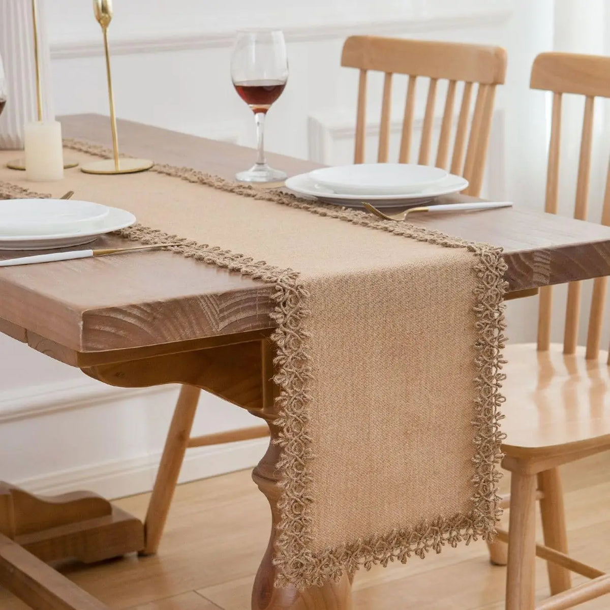 nappe table tissu jute beige rustique bordure ajourée noël halloween printemps opaque farmhouseDecoration