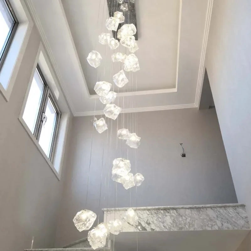 lustre moderne blanc transparent cubes géométriques suspension câbles blancs lumière chaude lumière froide 30w