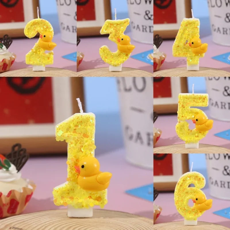 bougies chiffres canard jaune paillettes dorées anniversaire décoration enfantino festive opaques