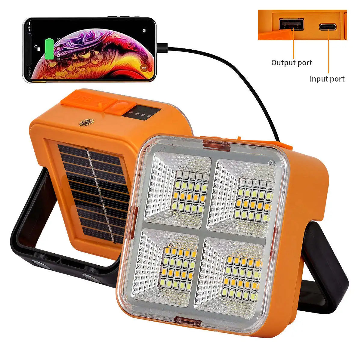 lampe solaire portable orange moderne étanche ip66 poignée articulée panneau solaire usb