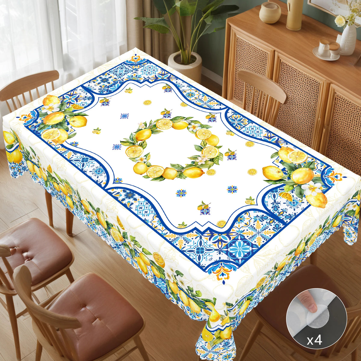 nappe imperméable motif floral citrons table d'été blanche verte extérieure mariage festives clips