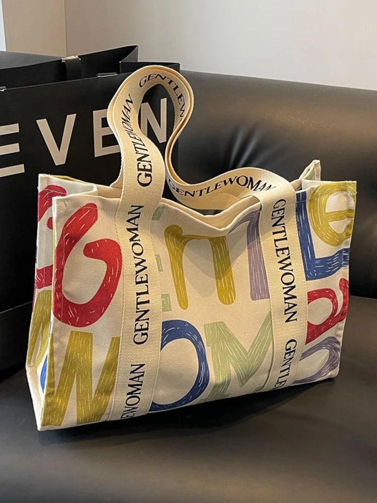 sac main femme toile imprimée lettres colorées poche téléphone décontracté fermeture éclair blanc polyester