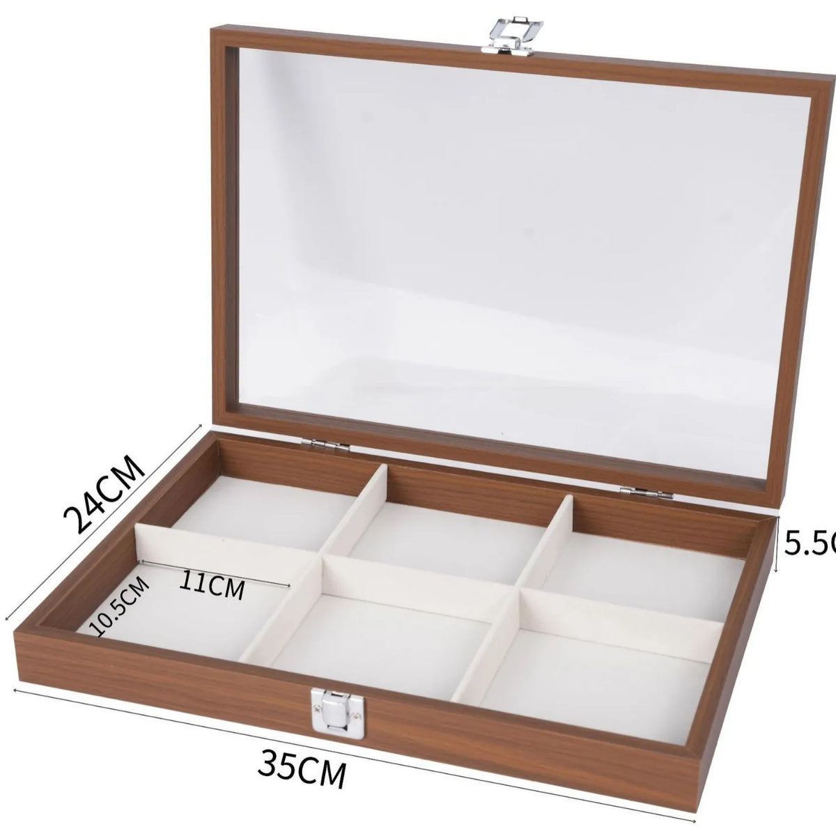 boîte rangement bijoux 33cm 22cm 24 compartiments bois marron clair velours blanc cadenas classique