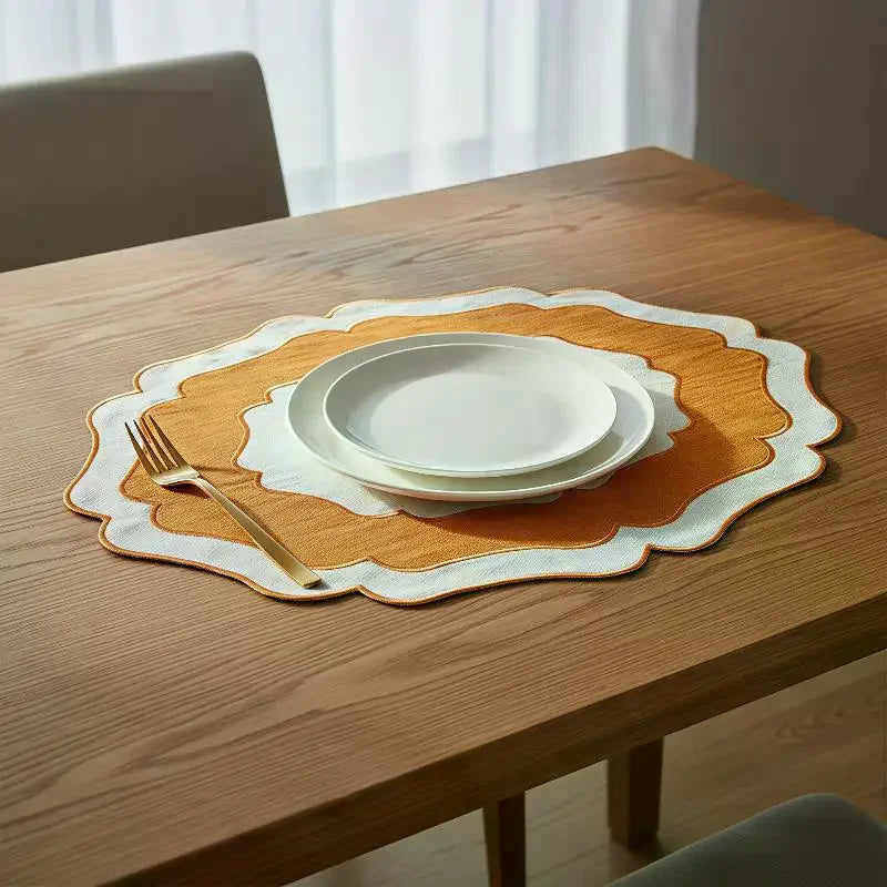 sets table coton abstraits vert jaune orange marron blanc modernes minimalistes textures douces assiettes