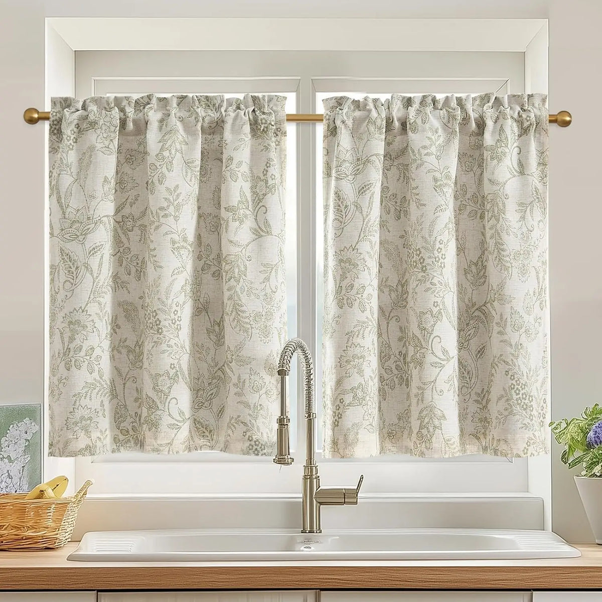 rideaux tier motif floral vert olive semi transparent rustique chambre maison