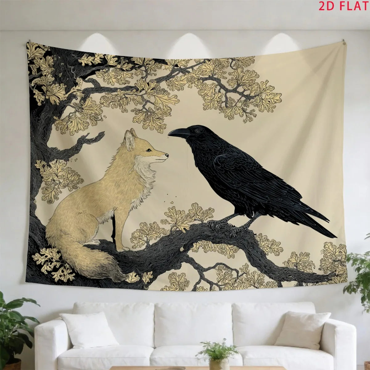 tapisserie murale illustration renard corbeau branches décoration intérieure moderne polyester clips