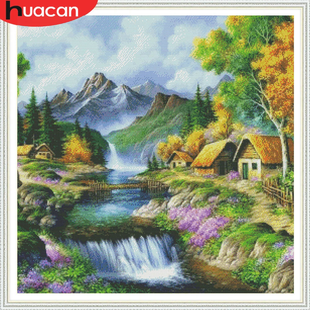 broderie paysage montagne coton multicolore cadre aiguille fil plan 30x30 40x40 50x50