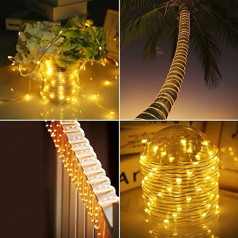 guirlande lumineuse solaire 30m blanc chaud filament fibre optique moderne