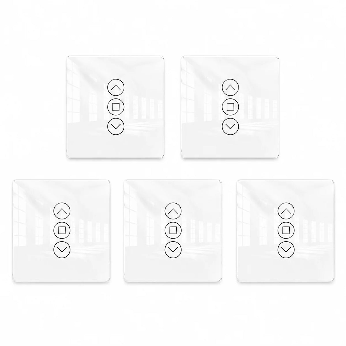 commutateur intelligent rideau controle tactile noir blanc application smartphone flèches haut bas arrêt moderne