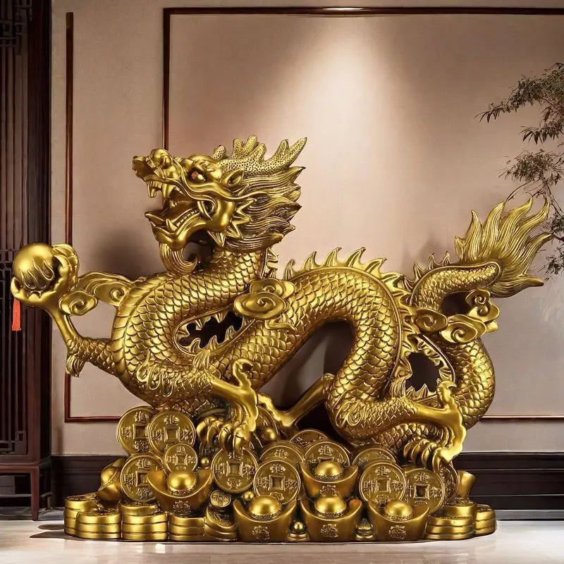 statue dragon doré feng shui pièce ancienne or rouge émailléintérieur décoration maison traditionnelle chinese