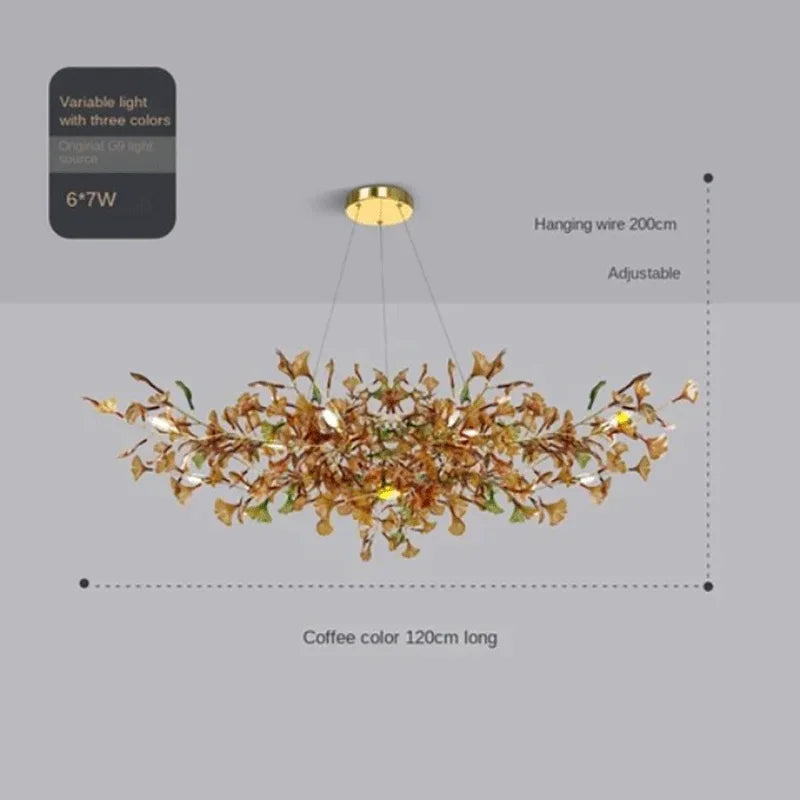 suspension lumineuse moderne feuilles vertes blanches dorées naturelle chambre salon decoration