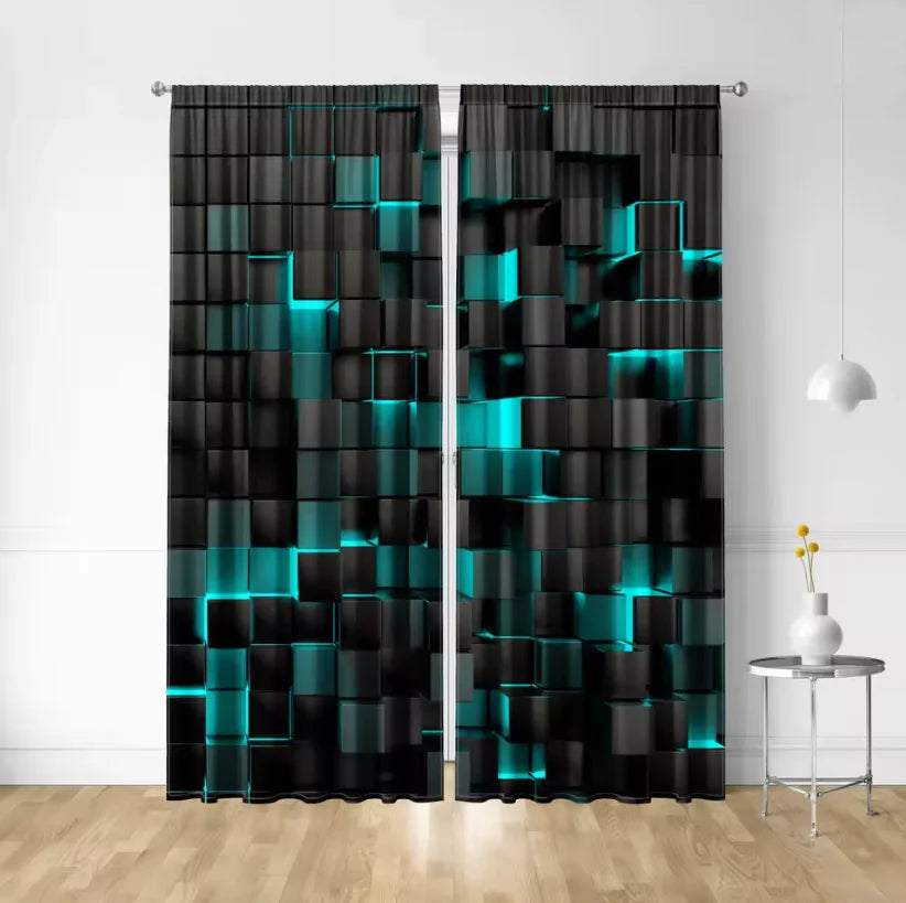 rideau moderne pièces cubes 3d noir bleu turquois polyester chambre salon