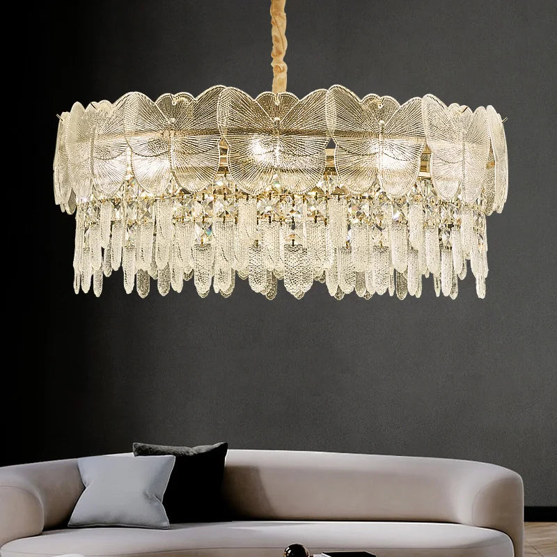 lustre suspension cristal doré feuilles métal luxe luminaire salon salle manger classique élégant