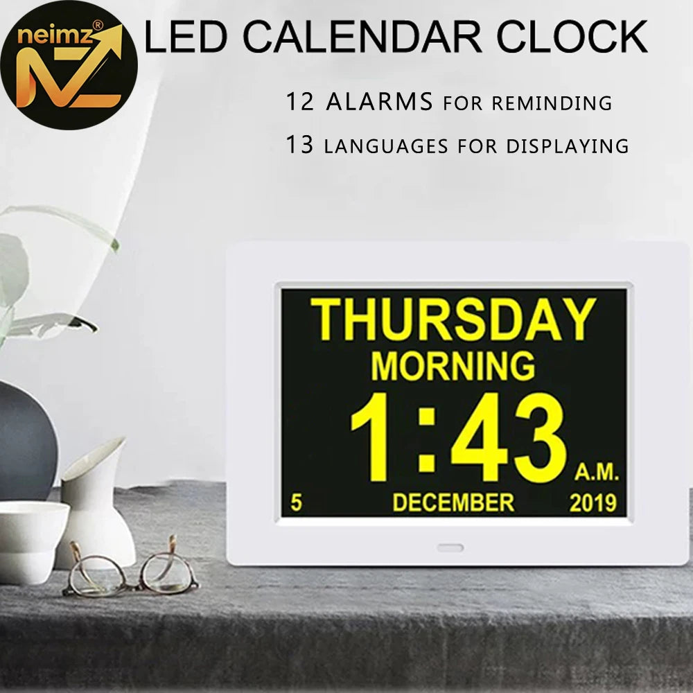 horloge led calendrier blanc affichage numérique moderne alarme date heure jour langues luminosité
