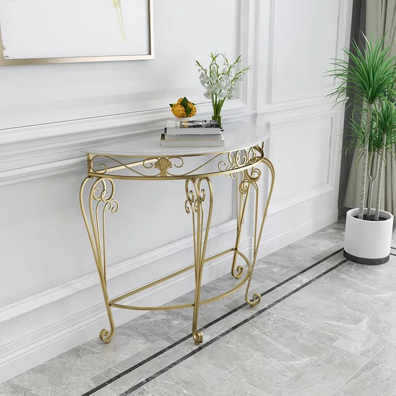 console meuble demi lune or marbre floral classique vintage blanc noir ornementé