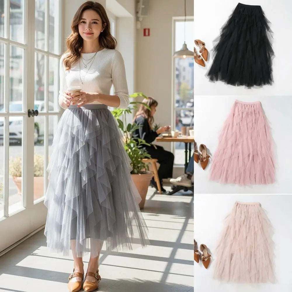 jupe tulle plissée élégante noir gris rose translucide classique femme