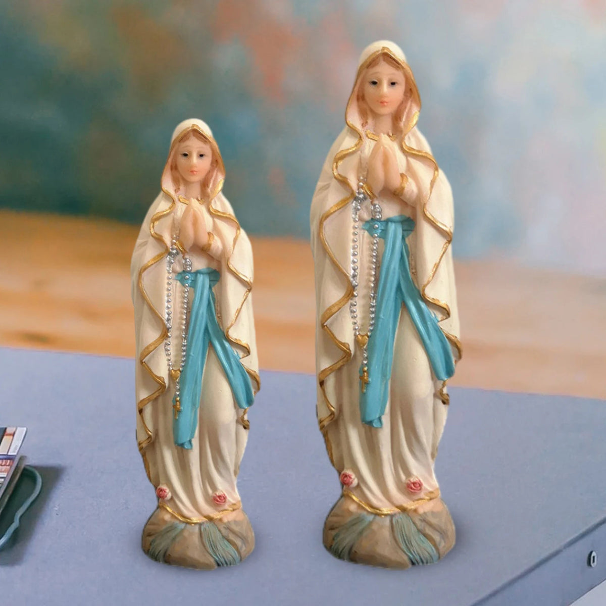 figurine virgin mary résine religieuse ange doré fleurs roses base décorative 8cm 13cm