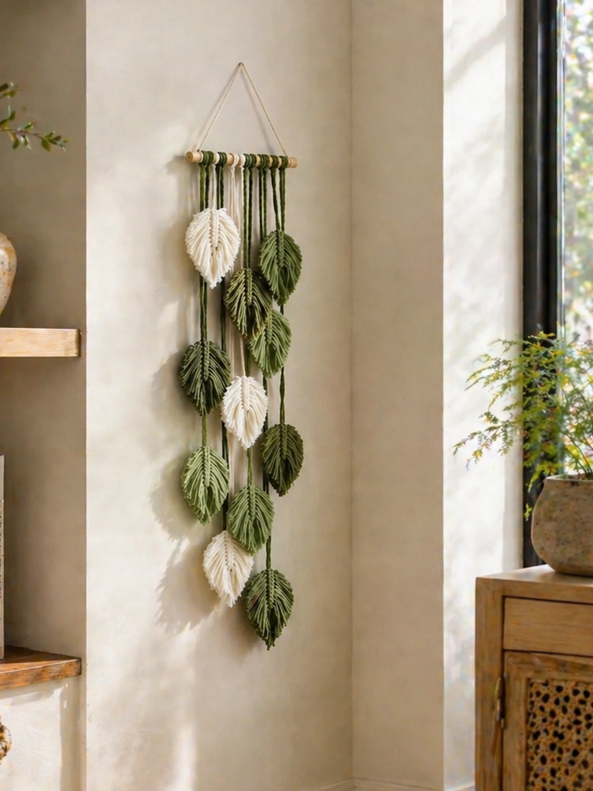 décoration murale macramé feuilles vertes blanc bohème naturel tapisserie coton polyester salon chambre coucher