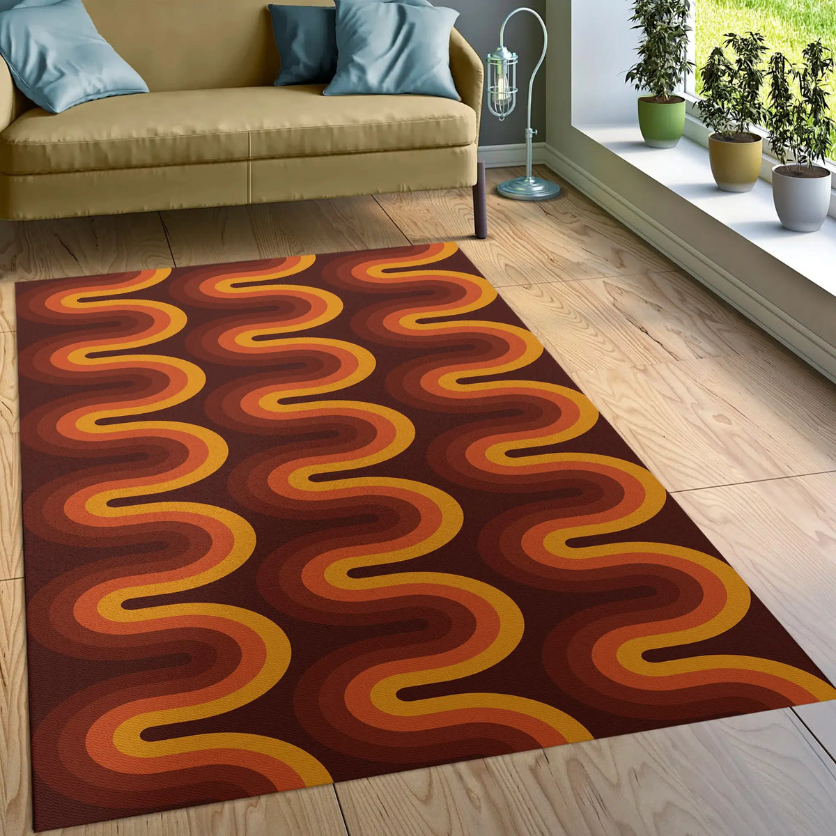 tapis marron orange rouge moderne rétro rayures ondulées polyester salon chambre extérieur